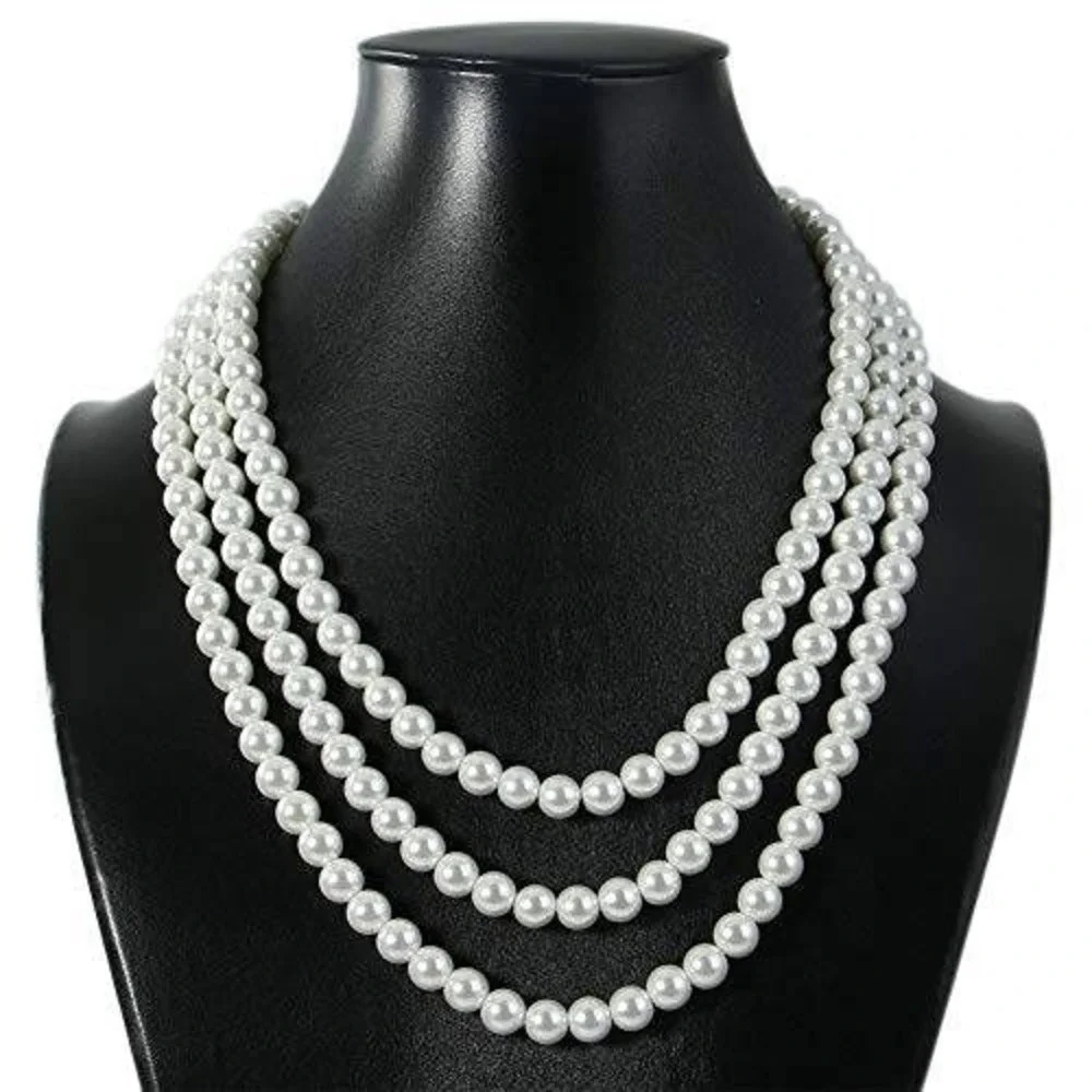 Triple Strand White Faux Pearl Necklace Multi Layer Statement Bridal‎ Jewelry